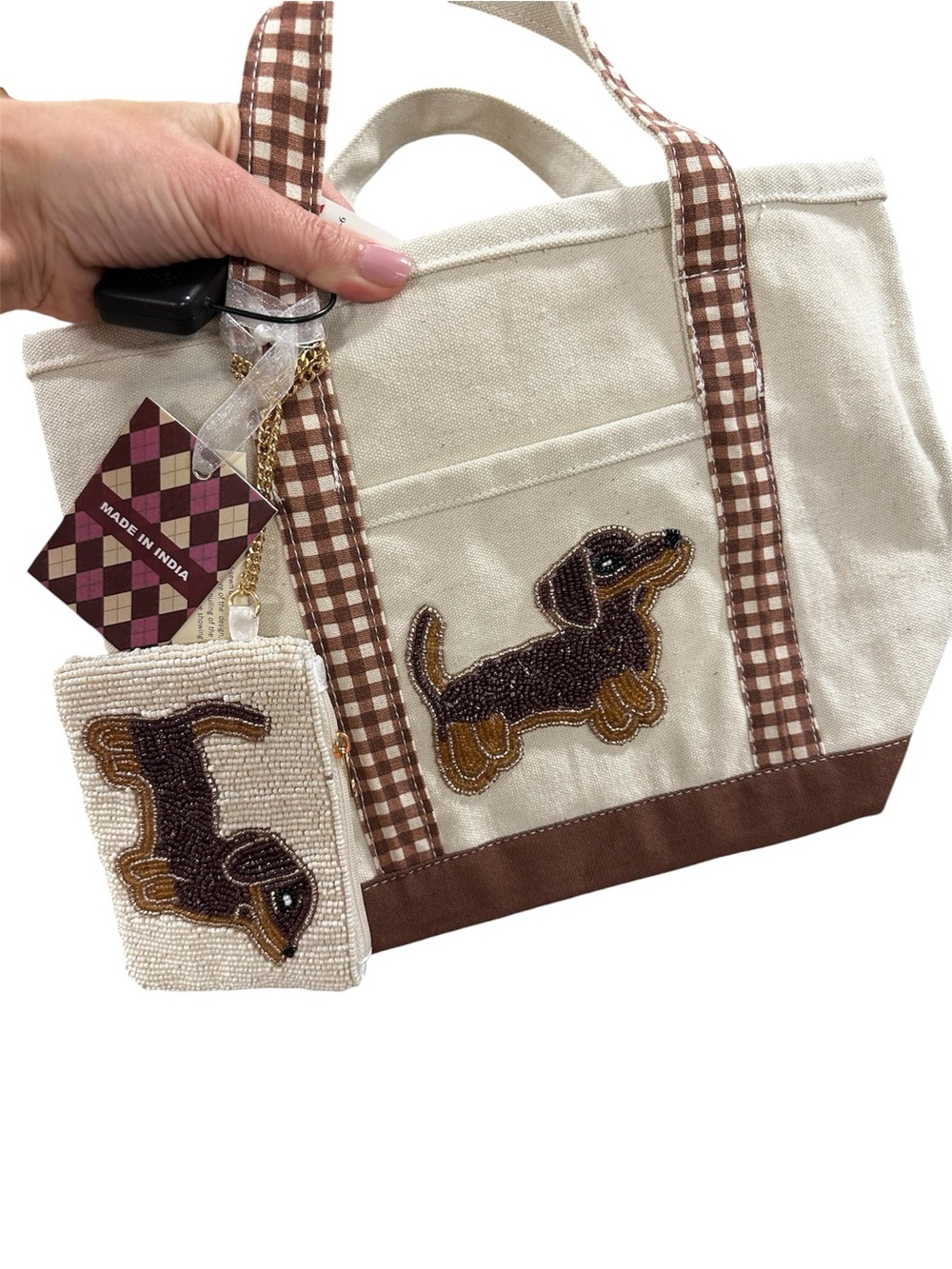 Canvas Dachshund Beaded Tote Bag with Brown Gingham Trim and Beaded pouch